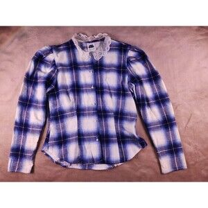 vintage You Babes sz L women's Blue Plaid Lace Collar 100% Cotton flannel shirt